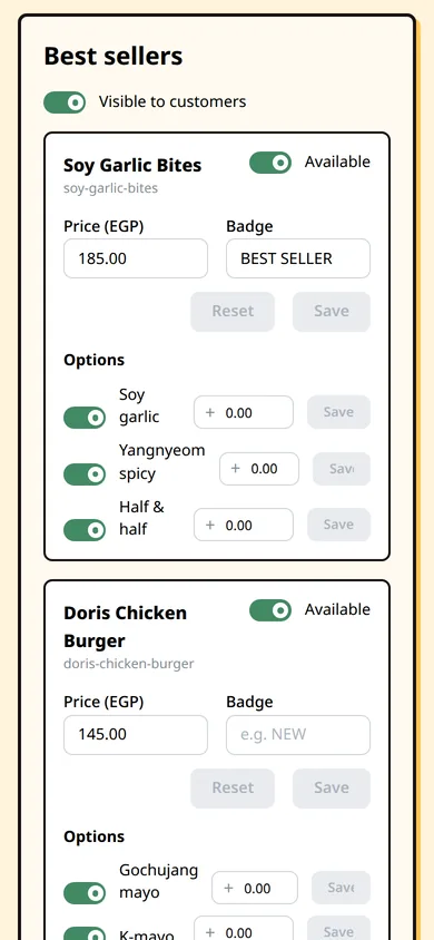 Menu editor on a phone for changing prices and availability